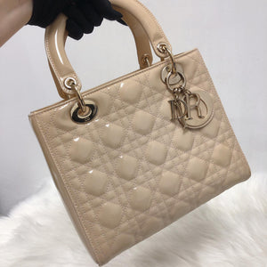 Lady Dior Patent Cannage Medium Bag in Beige