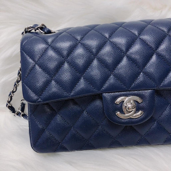 Small Double Flap Bag in Navy Blue Caviar with SHW | Bag Religion