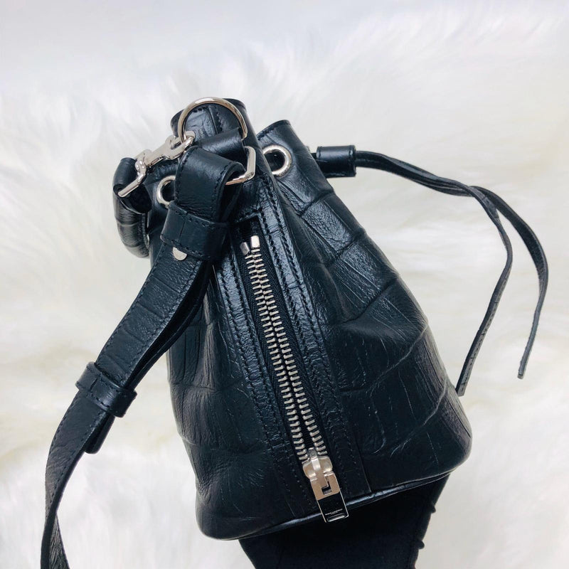 Crocodile Embossed Calfskin Leather Emmanuelle Bucket Bag Medium Black
