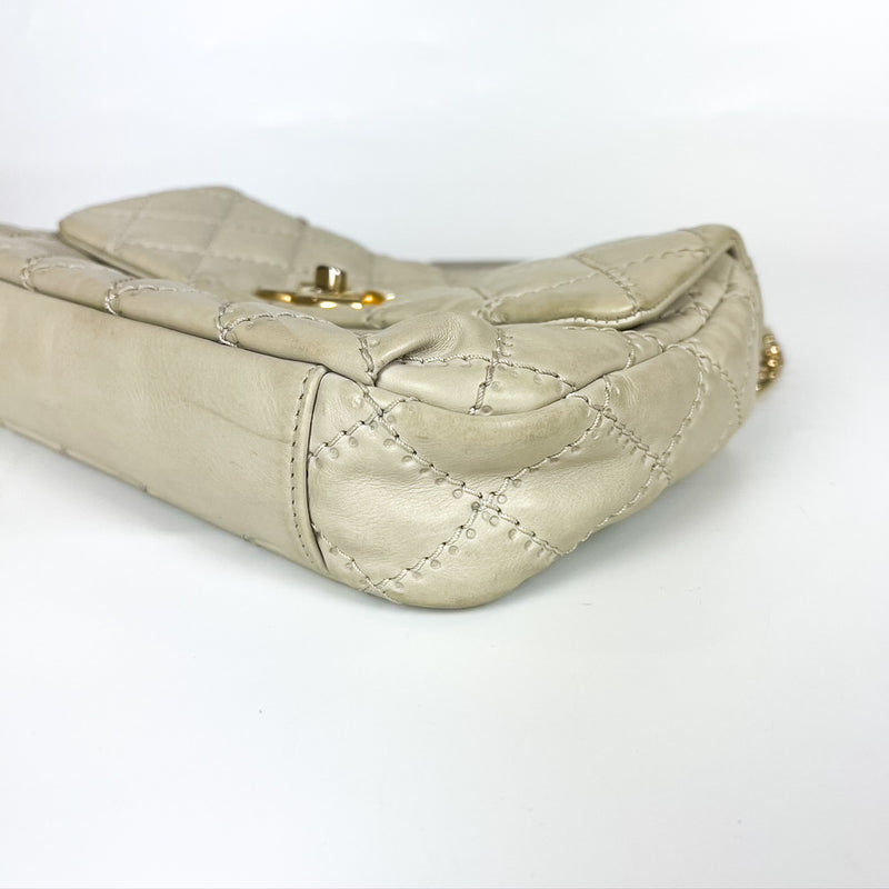 Calfskin Quilted Medium Wild Stitch Flap Beige