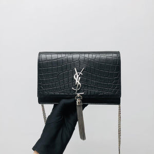 Classic Monogram Kate Tassel WOC in Black Crocodile Embossed Leather