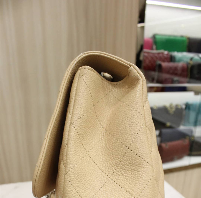 New Single Flap Caviar Jumbo in Light Beige Silver Hardware