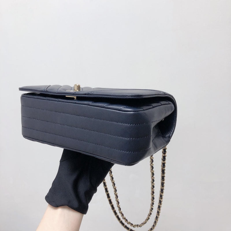 Calfskin Chevron Quilted Mini Statement Flap Navy Blue
