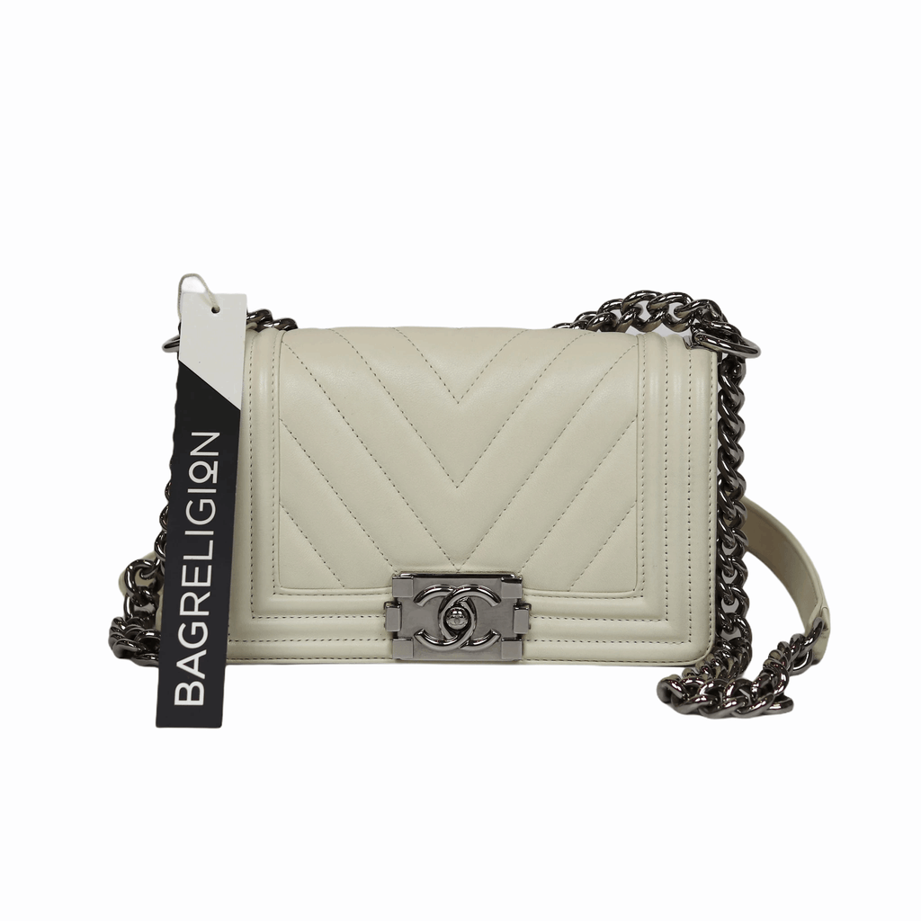 Chevron Quilted Small Boy Off White Calfskin with SHW