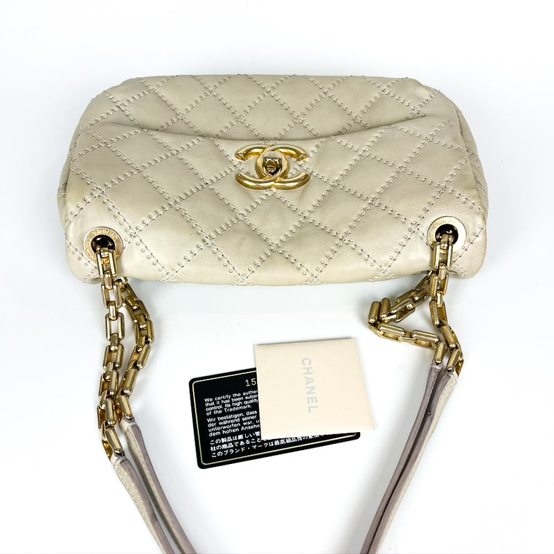 Calfskin Quilted Medium Wild Stitch Flap Beige