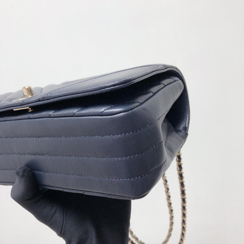 Calfskin Chevron Quilted Mini Statement Flap Navy Blue