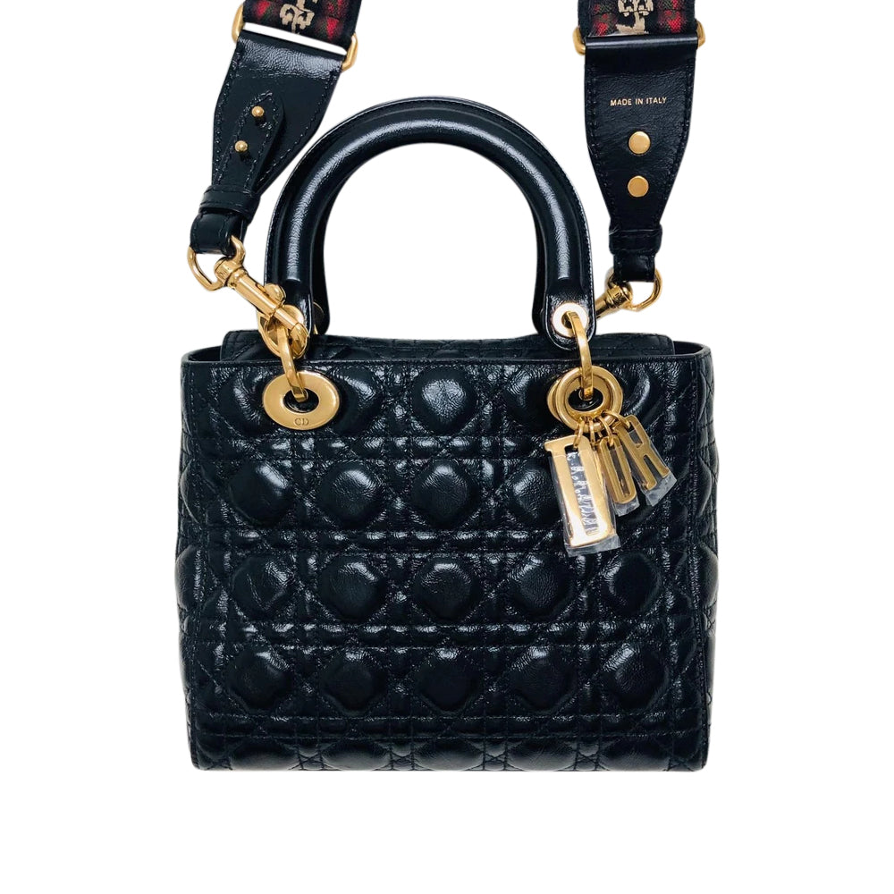 Lady Dior Bag Cannage Lambskin Leather Medium Black with Embellished Strap