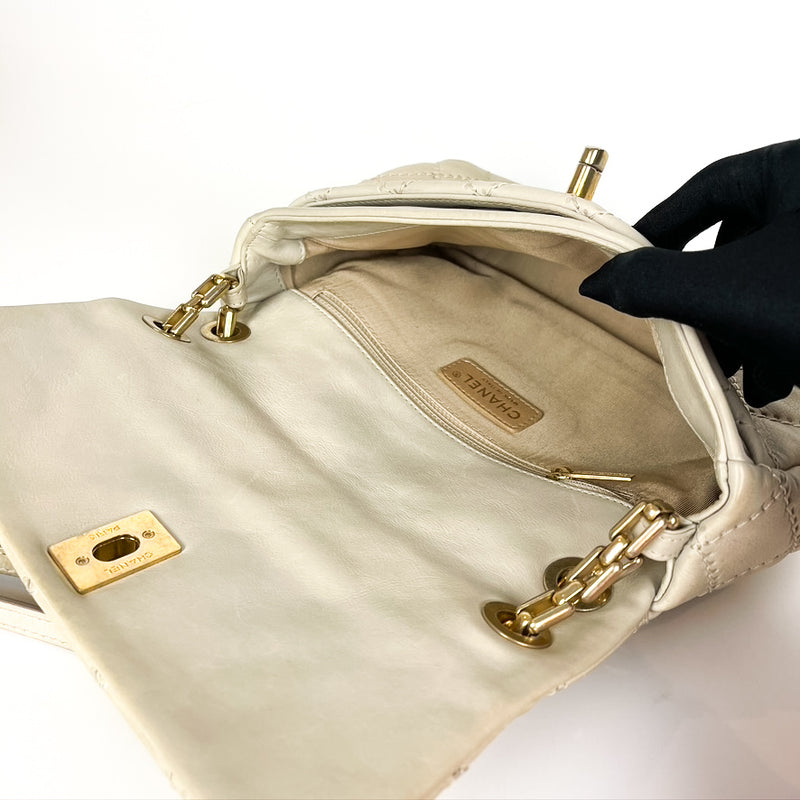 Calfskin Quilted Medium Wild Stitch Flap Beige