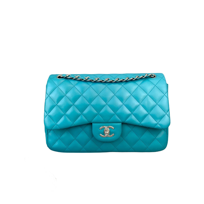 Double Flap Lambskin Jumbo Turquoise Blue SHW