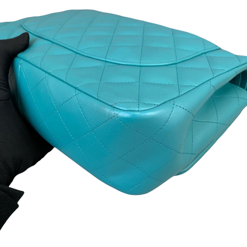 Double Flap Lambskin Jumbo Turquoise Blue SHW