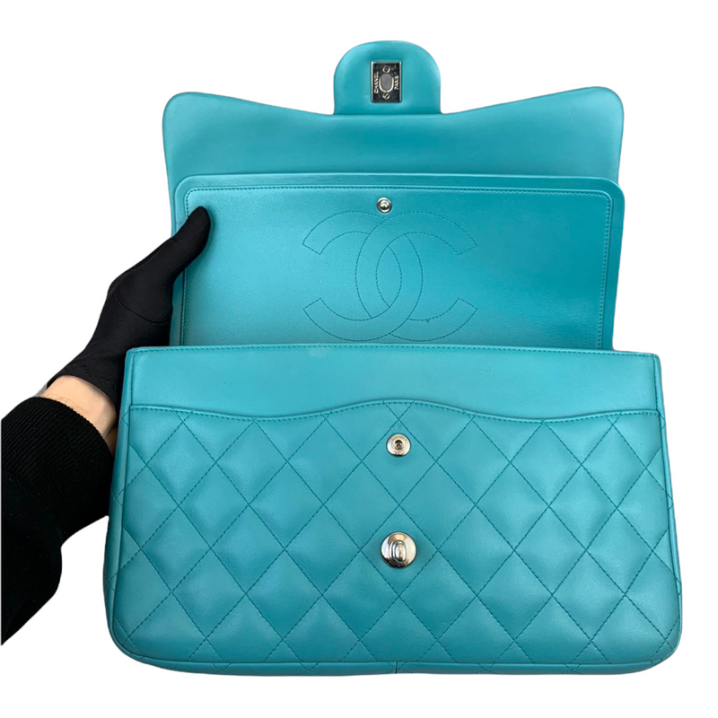 Double Flap Lambskin Jumbo Turquoise Blue SHW