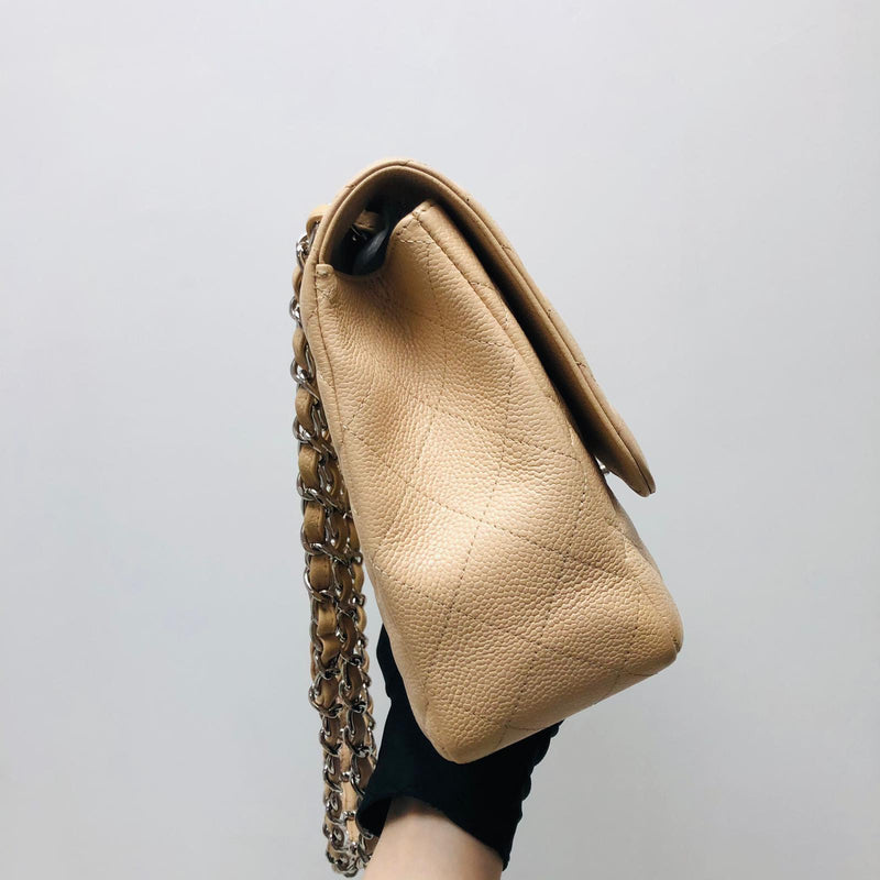 Single Flap Jumbo in Beige Caviar Leather with SHW