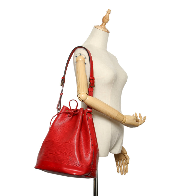 Red Epi Leather Noe Bucket Bag with Adjustable Shoulder Strap
