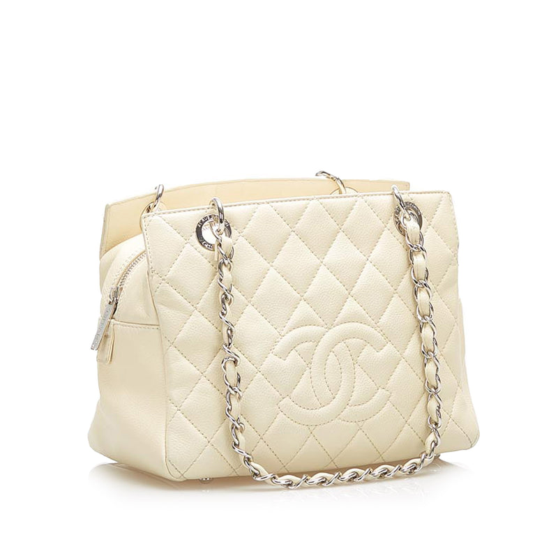 CC Caviar Leather Shopping Tote Bag White - Bag Religion