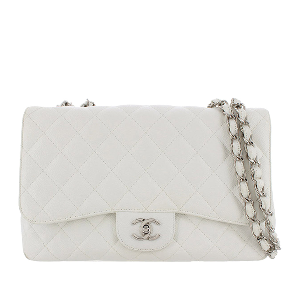 Jumbo Classic Caviar Leather Flap Bag White - Bag Religion