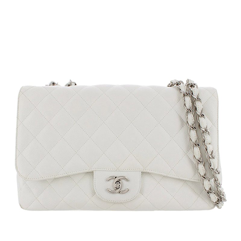 Jumbo Classic Caviar Leather Flap Bag in White with SHW