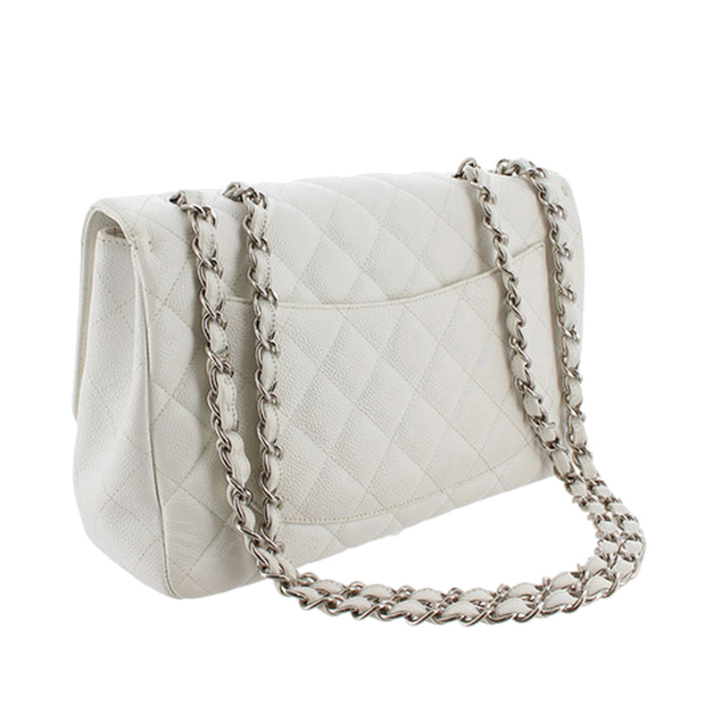 Jumbo Classic Caviar Leather Flap Bag White - Bag Religion