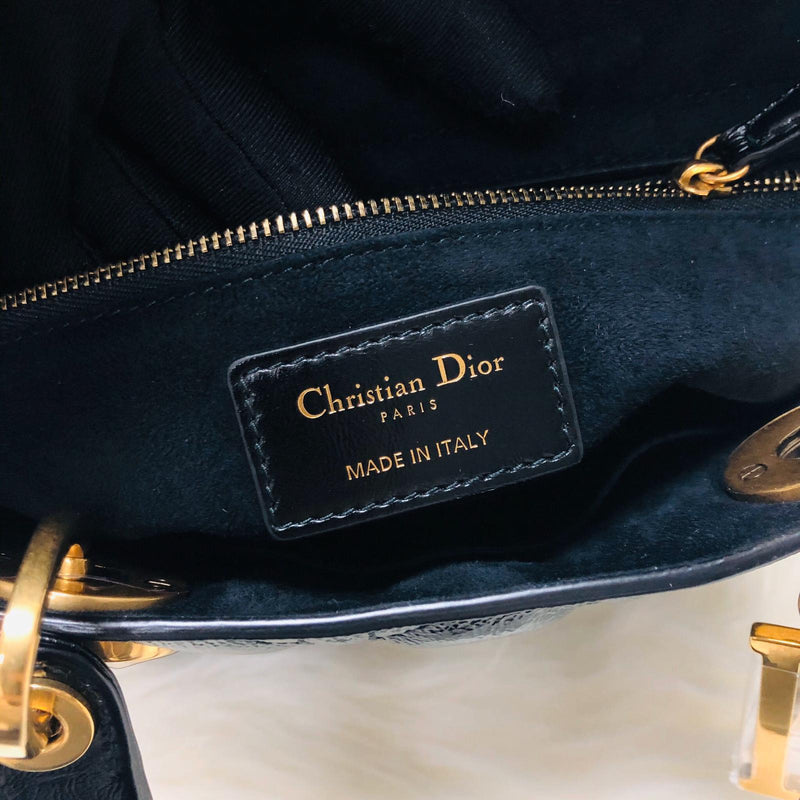 Lady Dior Bag Cannage Lambskin Leather Medium Black with Embellished Strap
