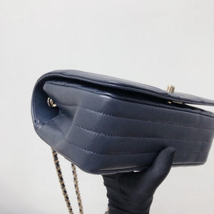 Calfskin Chevron Quilted Mini Statement Flap Navy Blue