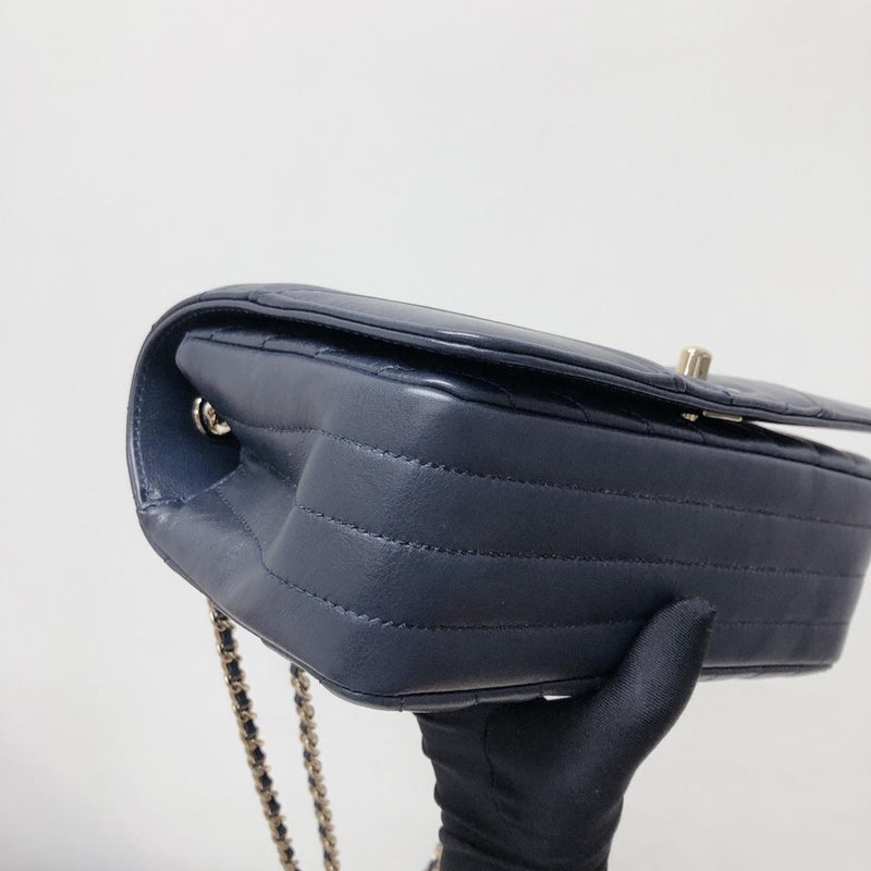 Calfskin Chevron Quilted Mini Statement Flap Navy Blue