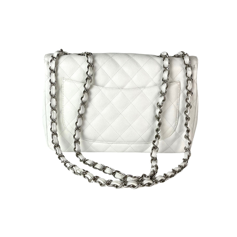 Classic Single Flap Jumbo Bag in White Caviar with SHW