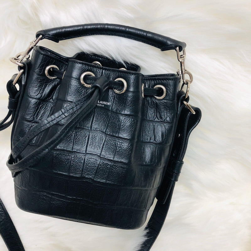 Crocodile Embossed Calfskin Leather Emmanuelle Bucket Bag Medium Black