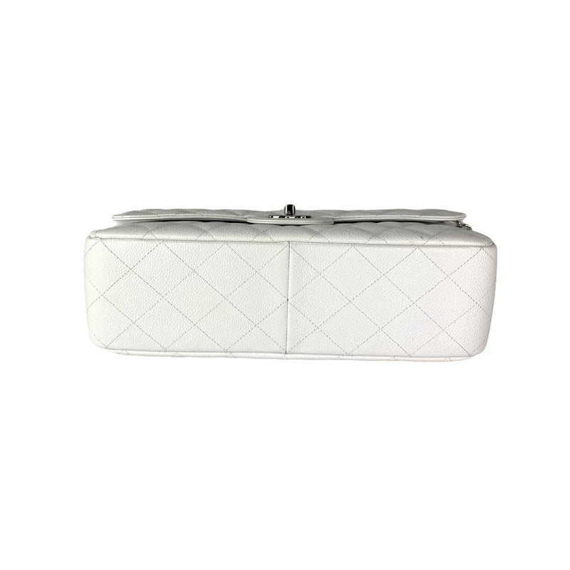 Classic Single Flap Jumbo Bag in White Caviar with SHW