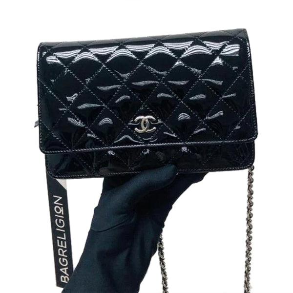 Chanel Black Crinkled Patent Leather WOC Wallet on Chain