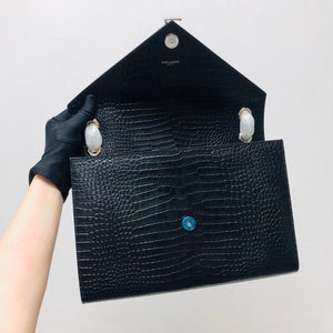 Envelope Large Bag in Croc Embossed Black Leather SHW