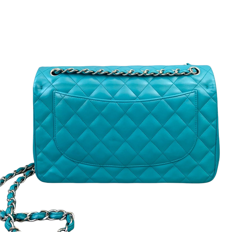 Double Flap Lambskin Jumbo Turquoise Blue SHW