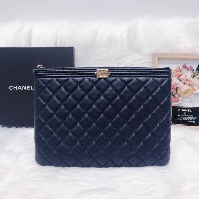 CHANEL O Case Chevron Leather Clutch Bag Blue