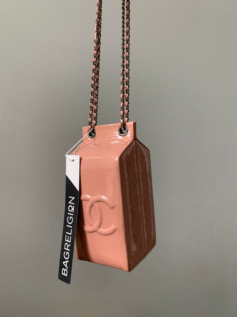 Rare CC Milk Carton Patent Chain Crossbody Bag in Pink