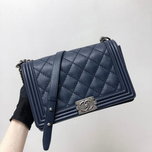 New Medium Blue Le Stitch Boy Quilted Calfskin Leather with RHW