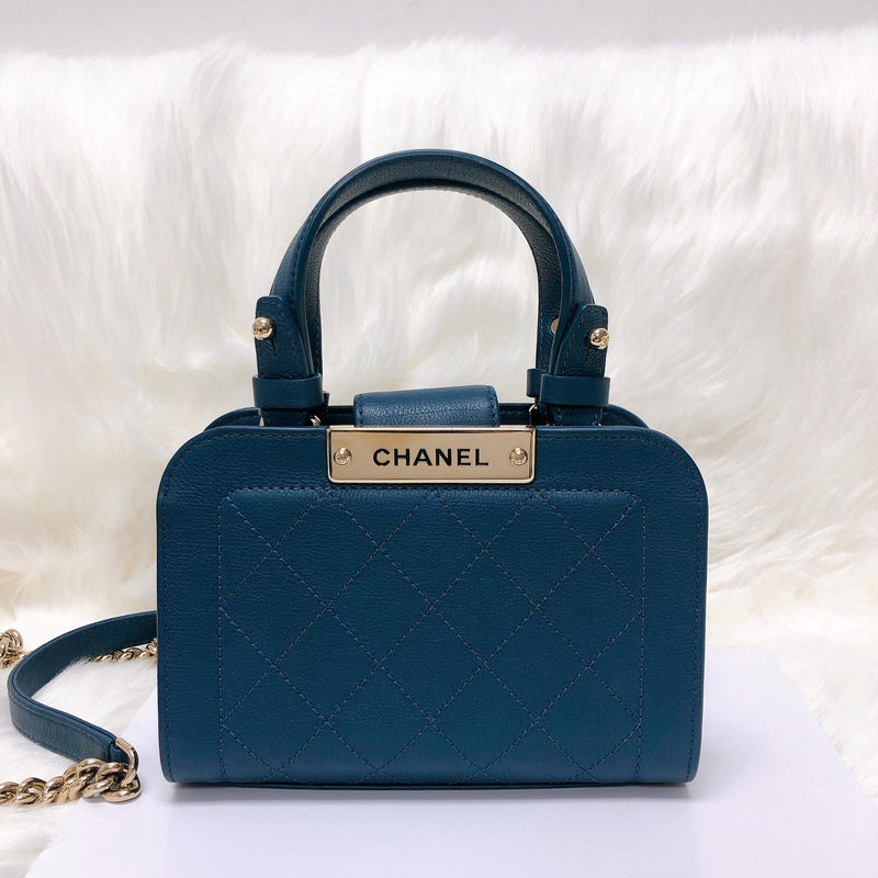 Grained Calfskin Stitched Mini Label Click Shopper Tote in Blue