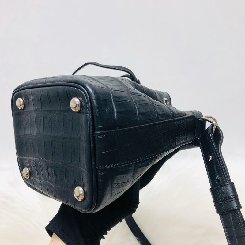 Crocodile Embossed Calfskin Leather Emmanuelle Bucket Bag Medium Black