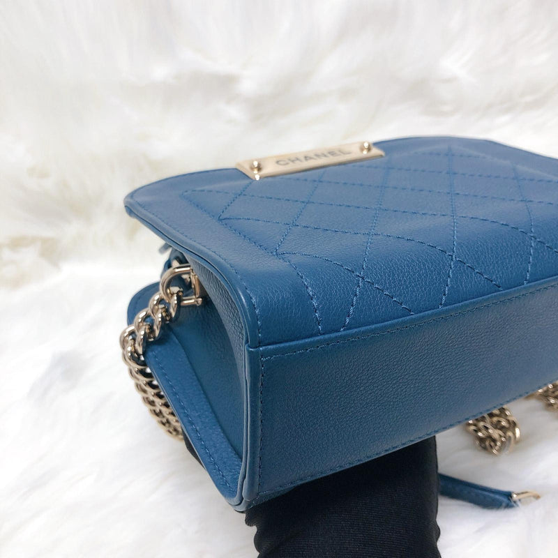 Grained Calfskin Stitched Mini Label Click Shopper Tote in Blue