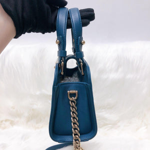 Grained Calfskin Stitched Mini Label Click Shopper Tote in Blue