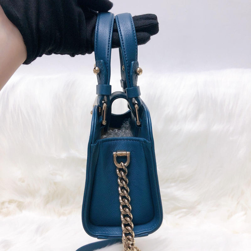 Grained Calfskin Stitched Mini Label Click Shopper Tote in Blue