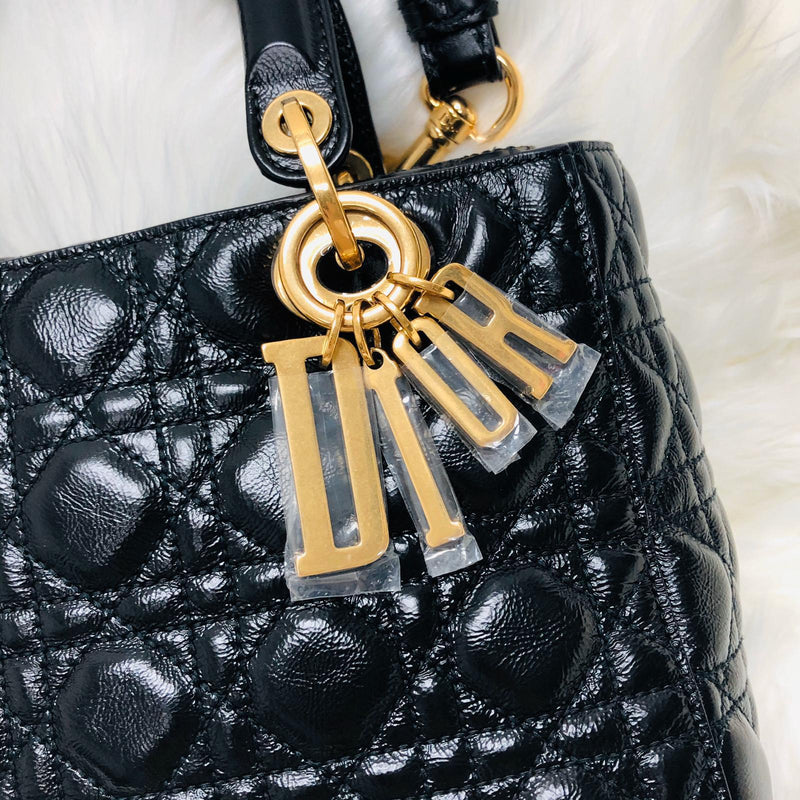 Lady Dior Bag Cannage Lambskin Leather Medium Black with Embellished Strap