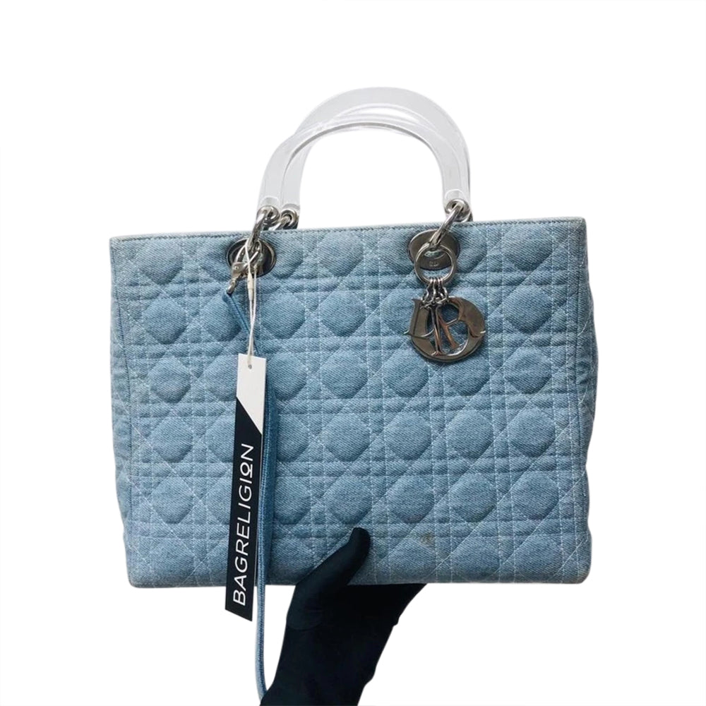 Lady Dior Large Vintage Denim Quilted Cannage tote with strap and acrylic handle GHW