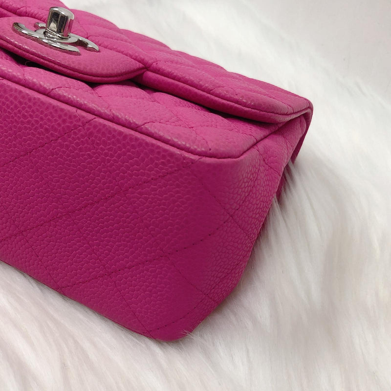 Square Mini Flap Bag Quilted Caviar Leather with SHW Hot Pink