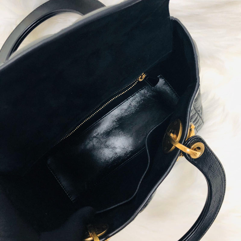 Lady Dior Bag Cannage Lambskin Leather Medium Black with Embellished Strap