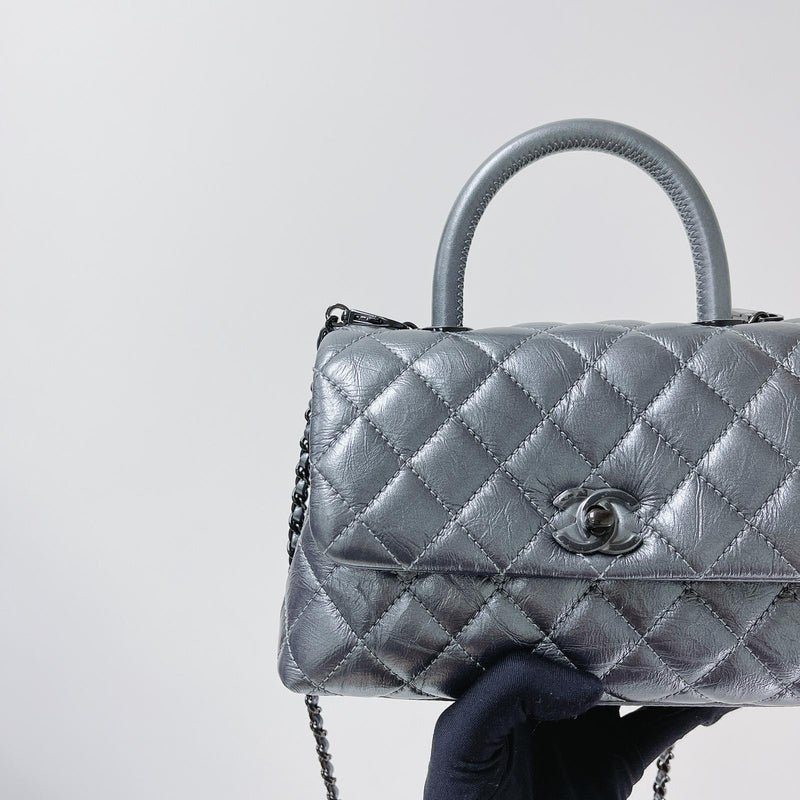 Chanel Coco Handle Bag Quilted Grained Caviar Ruthenium Mini Black