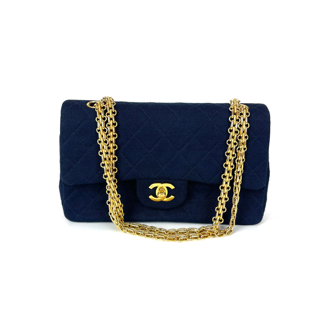 Vintage Classic Small Double Flap Jersey Bag in Navy Blue