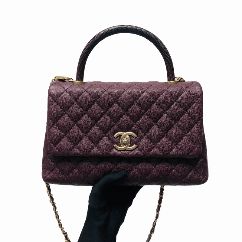 CHANEL Chevron Caviar Leather Top Handle Flap Bag Burgundy