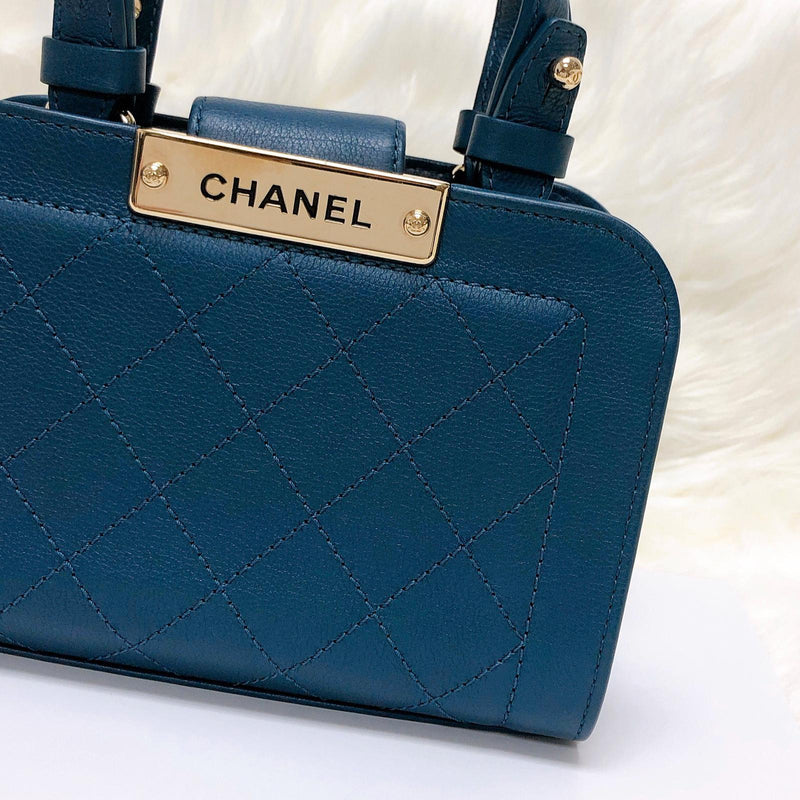 Grained Calfskin Stitched Mini Label Click Shopper Tote in Blue
