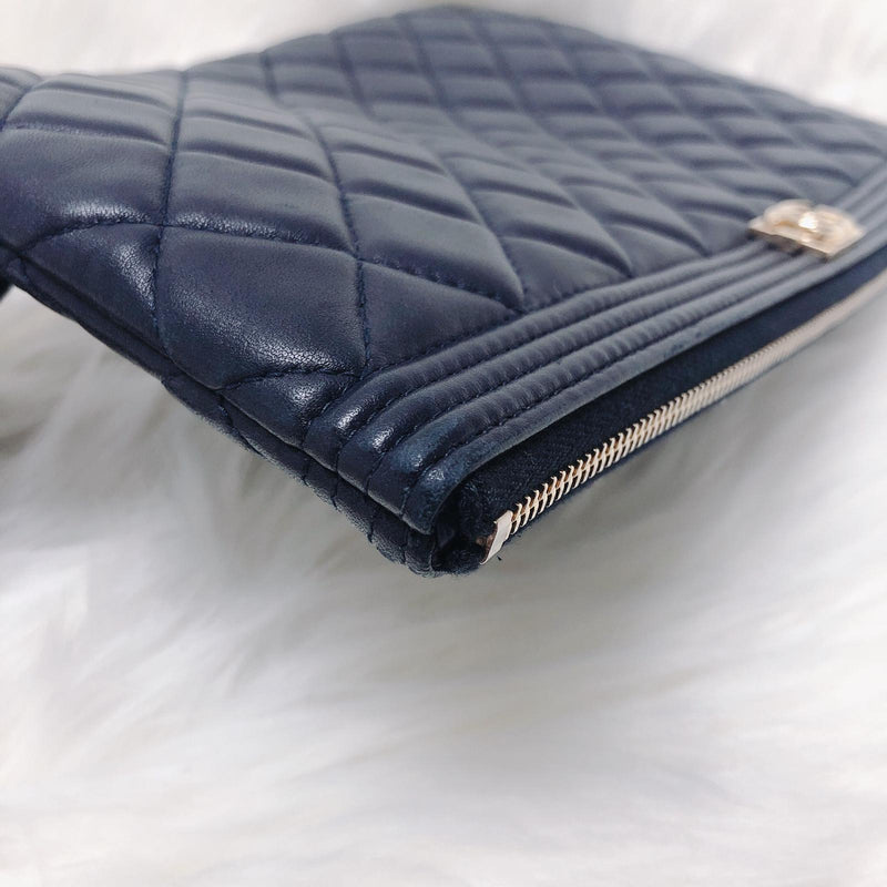 Lambskin O Case Quilted Navy Blue Large Boy Zip Pouch