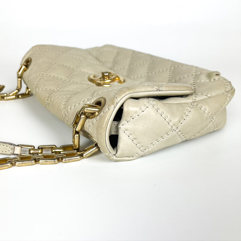 Calfskin Quilted Medium Wild Stitch Flap Beige