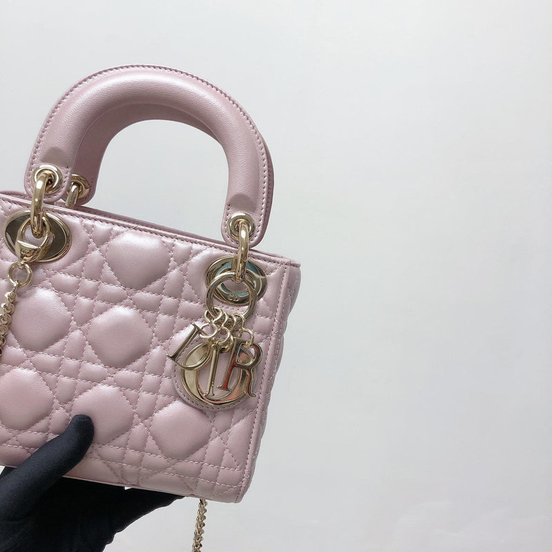 CHRISTIAN DIOR Mini Lady Dior Bag In Pearly Pink with Light Gold