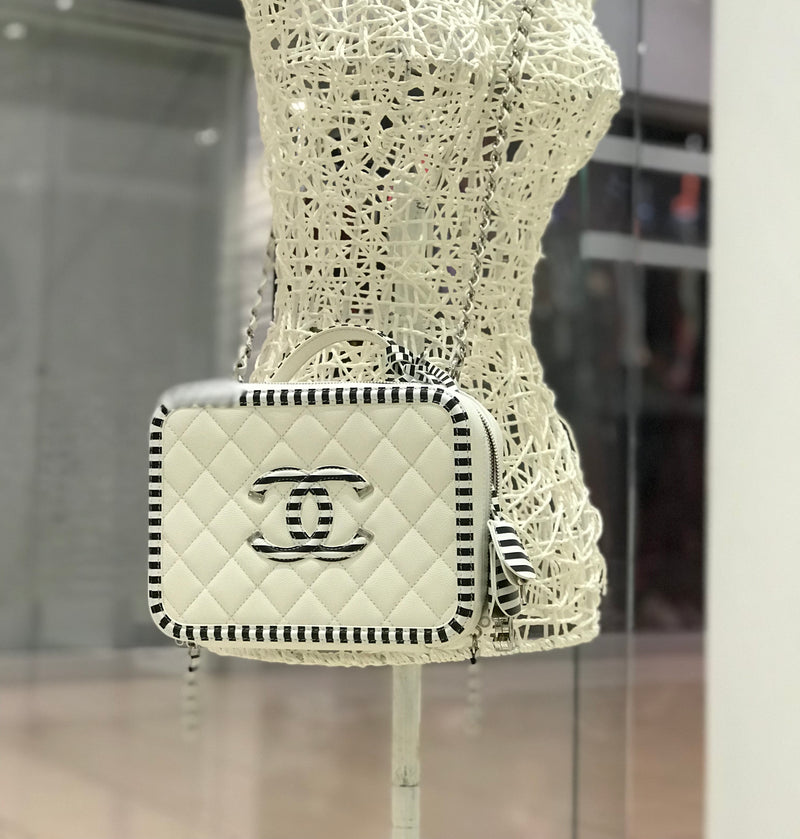 Black and White Striped CC Filigree Medium Caviar Quilted Vanity Case